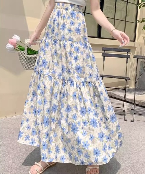 ブルー花柄4段ティアードプロヴァンススカート SHOUYO スカート 花柄ティアードロングスカート／ブルー・ピンク