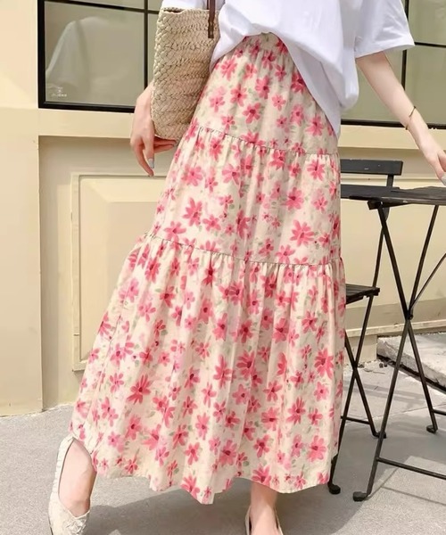 GRACE CONTINENTAL ロングスカート 花柄 ピンク 春物 新品 SHOUYO スカート 花柄ティアードロングスカート／ブルー・ピンク
