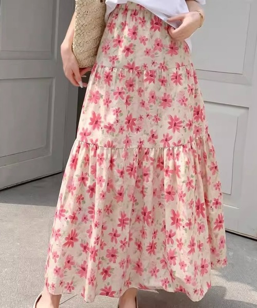 ワンダフルワールド ピンク 小花柄 豪華段々スカート SHOUYO スカート 花柄ティアードロングスカート／ブルー・ピンク