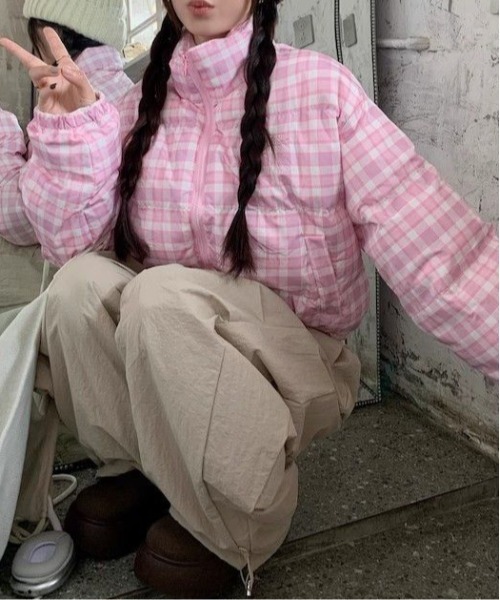 shyam inspiration ダウンコート ダウンジャケット チェック柄ロゴ刺繍