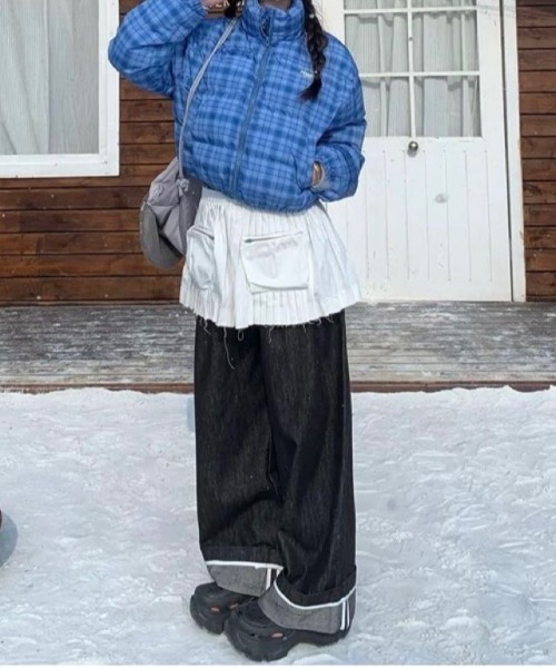 shyam inspiration ダウンコート ダウンジャケット チェック柄ロゴ刺繍