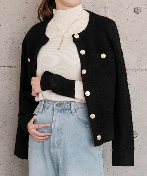ジャケット ノーカラージャケット ループ編み金ボタンニットジャケット