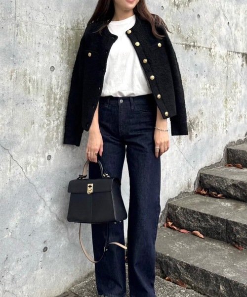 ジャケット ノーカラージャケット ループ編み金ボタンニットジャケット