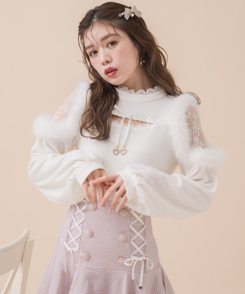 クチュールバイロジータ tシャツ ファーショルダートップス レディース