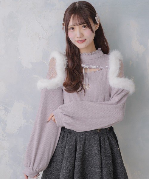 クチュールバイロジータ tシャツ ファーショルダートップス レディース