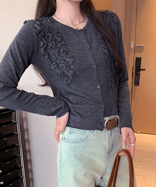 ルネ❇️Rene❇️フロントフリルさらさらカーディガン エトープ 34 ReRe カーディガン フロントフリル×ニットカーディガン レディース