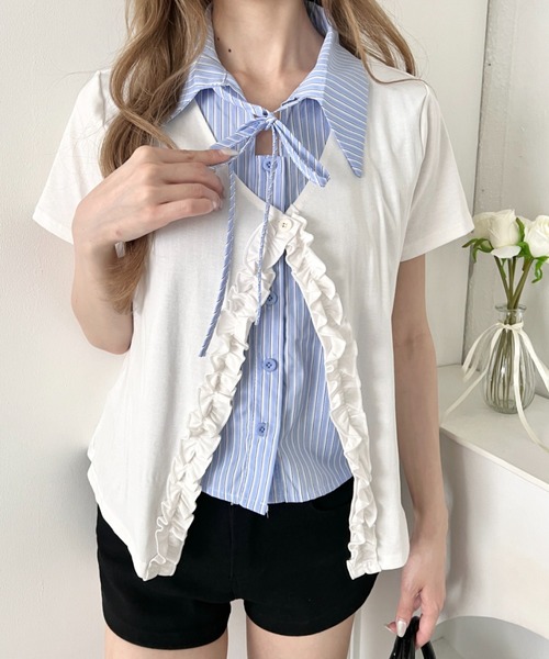 Loueme ブラウス シャツ 半袖 シャツレイヤードフリルカーディガン