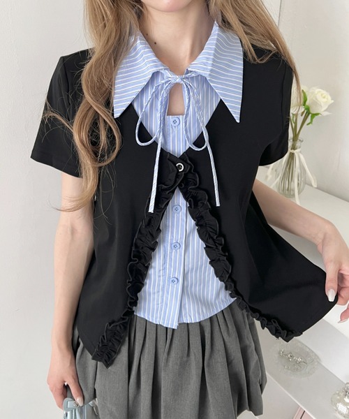 ❁ gasa*ガサ フリルブラウス　 カーディガン 半袖 Loueme ブラウス シャツ 半袖 シャツレイヤードフリルカーディガン