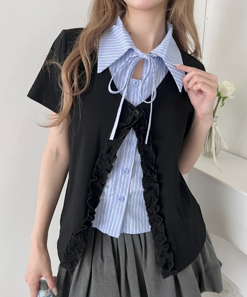 Loueme ブラウス シャツ 半袖 シャツレイヤードフリルカーディガン