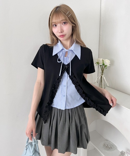 Loueme ブラウス シャツ 半袖 シャツレイヤードフリルカーディガン