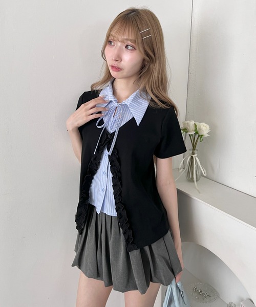 Loueme ブラウス シャツ 半袖 シャツレイヤードフリルカーディガン
