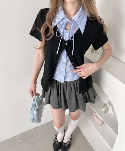 Loueme ブラウス シャツ 半袖 シャツレイヤードフリルカーディガン