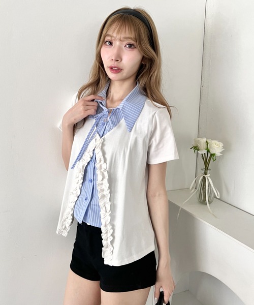Loueme ブラウス シャツ 半袖 シャツレイヤードフリルカーディガン