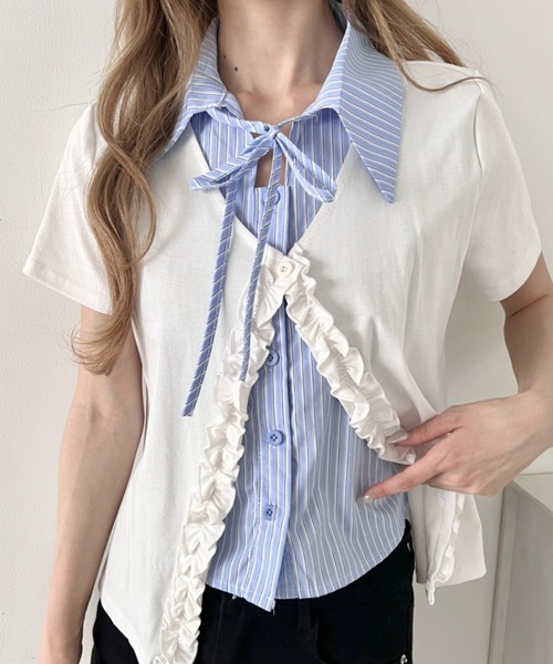 Loueme ブラウス シャツ 半袖 シャツレイヤードフリルカーディガン