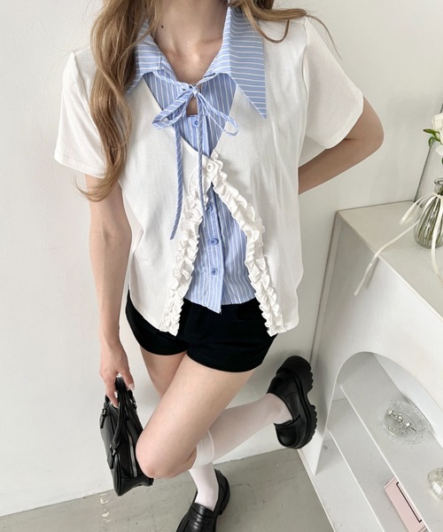 Loueme ブラウス シャツ 半袖 シャツレイヤードフリルカーディガン