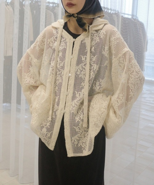 Ameri（アメリ） ブラウス シャツ 2WAY MESH DAMASK EMBROIDERY HOOD
