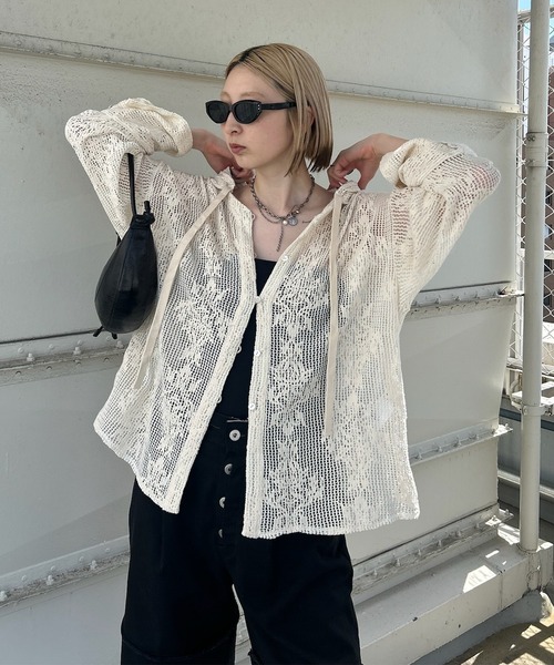 Ameri（アメリ） ブラウス シャツ 2WAY MESH DAMASK EMBROIDERY HOOD