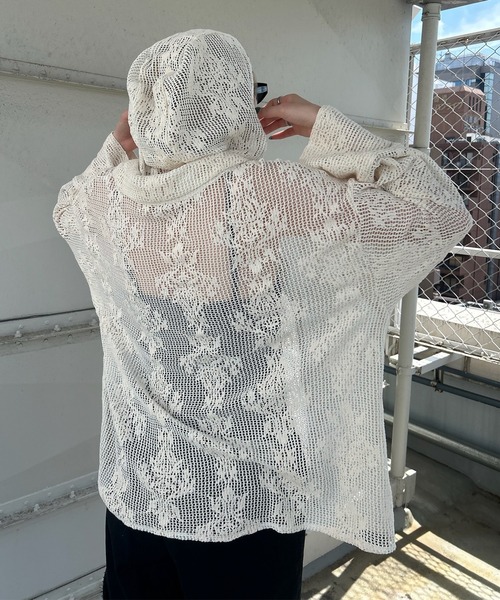 Ameri（アメリ） ブラウス シャツ 2WAY MESH DAMASK EMBROIDERY HOOD
