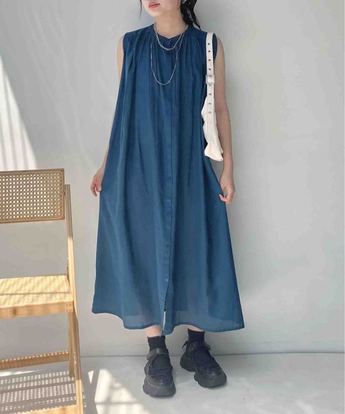 OTO.HA インド綿ギャザーノースリーブフレアワンピ　ブルー AS KNOW AS（アズノゥアズ） ワンピース 夏 ゆったり涼しい インド