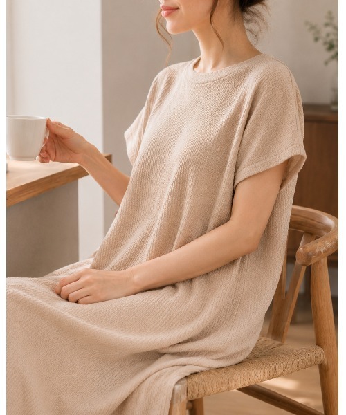 LOUVILLON 半袖ワンピース ベージュ サイズ2 FAZVY ワンピース 半袖 ワッフル素材 半袖ロングワンピース : ZOZOTOWN