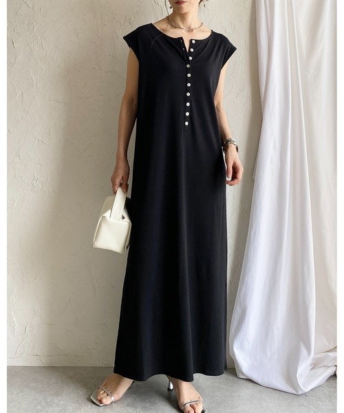 She's Closet ワンピース 夏 フレンチスリーブ ロング丈 ヘンリー