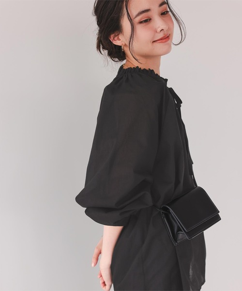 titivate ブラウス シャツ リボン付きAラインギャザーブラウス