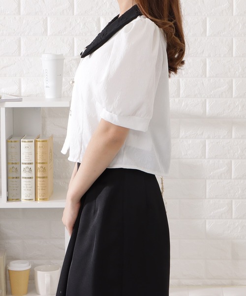 Lace Ladies ブラウス シャツ パールボタン付きバイカラー半袖前