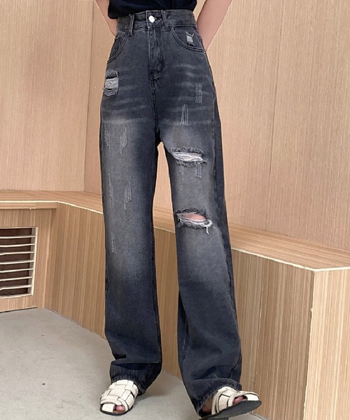 デニムパンツ ワイド ダメージ ジーパン スター フレア b4816 Sibra ジーンズ デニム デニムパンツ ダメージワイドデニム