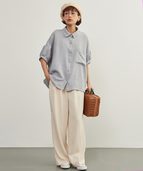 オンワンズオン On One's Own ルーズフィット春夏ブラウス・シワ感素材・半袖シャツ・定番トップス （PINK） オンワンズオン On One's Own ルーズフィット春夏ブラウス・シワ