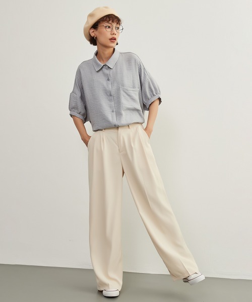 オンワンズオン On One's Own ルーズフィット春夏ブラウス・シワ感素材・半袖シャツ・定番トップス （GRAY） オンワンズオン On One's Own ルーズフィット春夏ブラウス・シワ