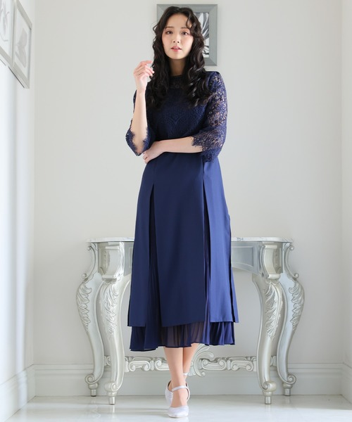 一度着用 結婚式 ドレス フォーマル オケージョン パーティー レジャ PourVous ドレス 結婚式ワンピースドレスボックスプリーツ七分袖
