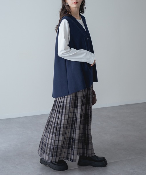 ロング スカート 「refinedworks」オリジナルの 起毛チェックプリーツ