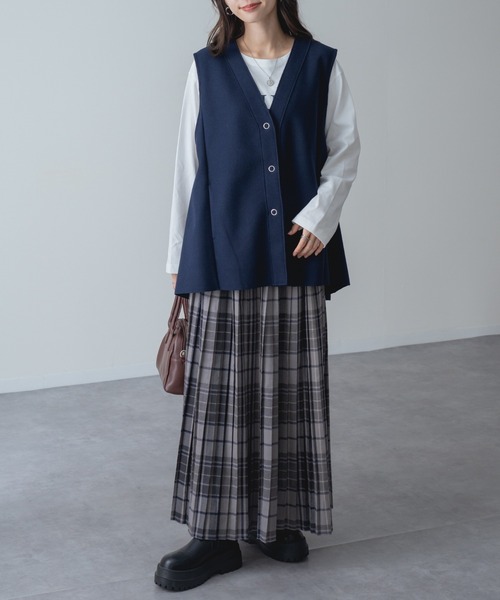 ロング スカート 「refinedworks」オリジナルの 起毛チェックプリーツ