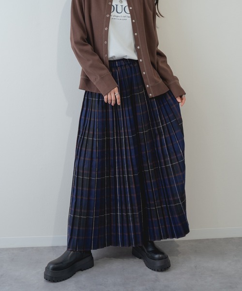 ロング スカート 「refinedworks」オリジナルの 起毛チェックプリーツ
