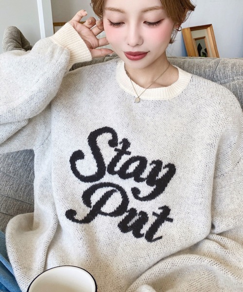 ニット セーター ビッグロゴジャガードニット　ニットプルオーバー レディース moment+ ニット セーター ジャガードビッグロゴニットプル