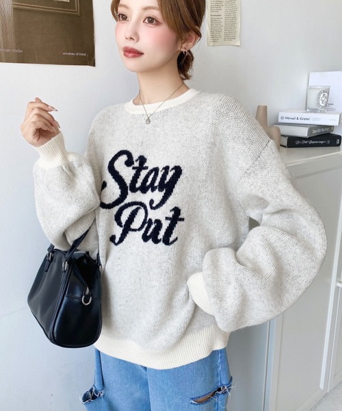 ニット セーター ビッグロゴジャガードニット　ニットプルオーバー レディース moment+ ニット セーター ジャガードビッグロゴニットプル