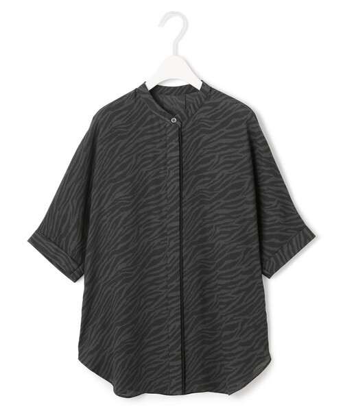 ICB 5分袖バンドカラーブラウス 9号 新品　黒 ICB（アイシービー） ブラウス シャツ BackSatinAmunzen 5分袖バンド