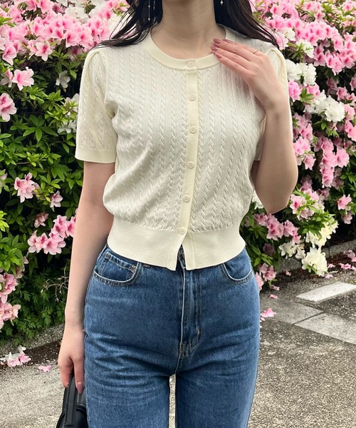 JUNOAH（ジュノア） カーディガン 半袖 半袖ケーブルニット