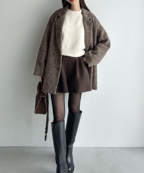 シェリエshellerコクーンシャギージャケットコート、スカパンセットアップ 一部追加予約》SHIPS any: シャギー ノーカラー コクーン コート