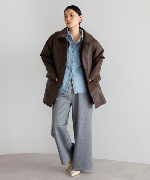 ENC コート アウター fake leather soutien collar middle coat with