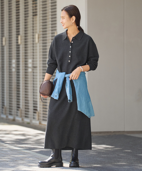 【新品/美品】THE SHINZONE 黒 ニットワンピース ポロシャツ風 新品/美品】THE SHINZONE 黒 ニットワンピース ポロシャツ風 DRESS