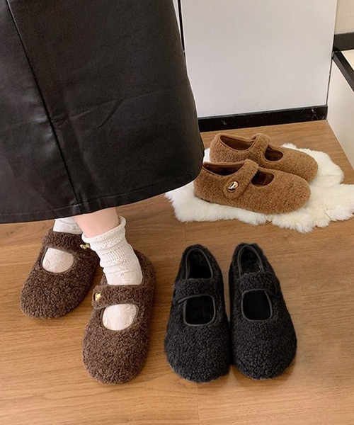 LOWO パンプス ボア メリージェーンシューズ フラットシューズ バレエ