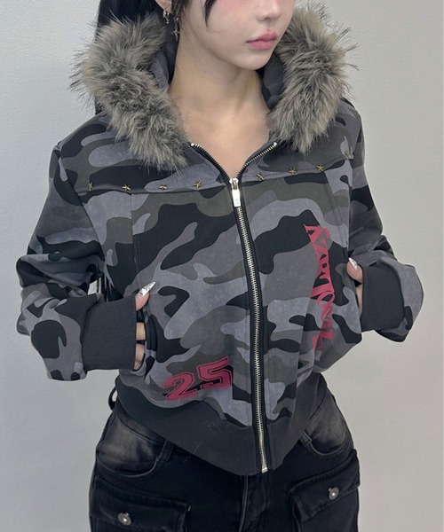 FOLLOWIN（フォロウィン） パーカー 「裏ボア」カモフラファーフーディ