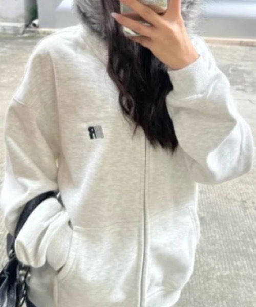 パーカー フードファーデザイン ワンポイントジップパーカー
