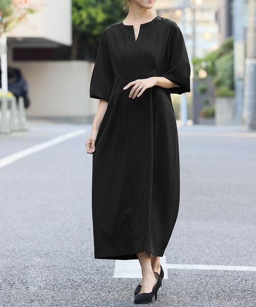 【NEW】フロリア（Flolia）/【喪服・礼服】キーネック ウエストタック 半袖 コクーン ロング丈 ワンピース スーツ【洗える】 Flolia（フロリア） ワンピース 「喪服・礼服」フォーマルワンピース