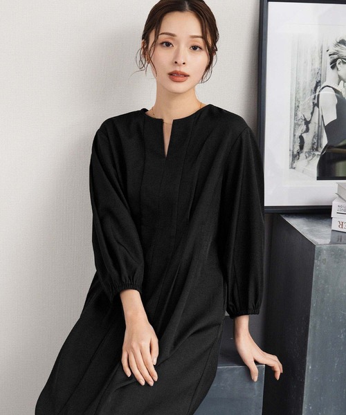 Sov.✴︎半袖 膝丈ワンピース ストレート 黒 ブラック クルーネック Flolia（フロリア） 喪服 ワンピース 半袖 「喪服・礼服」フォーマル