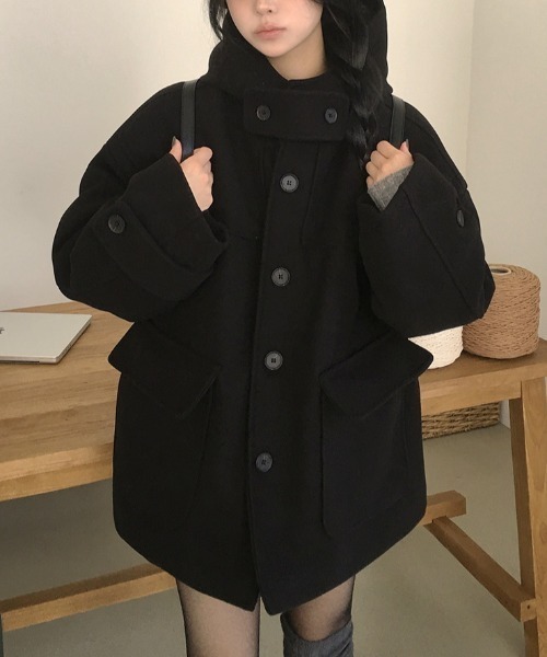 FAVORITO コート アウター フード付きシングルブレストメルトン