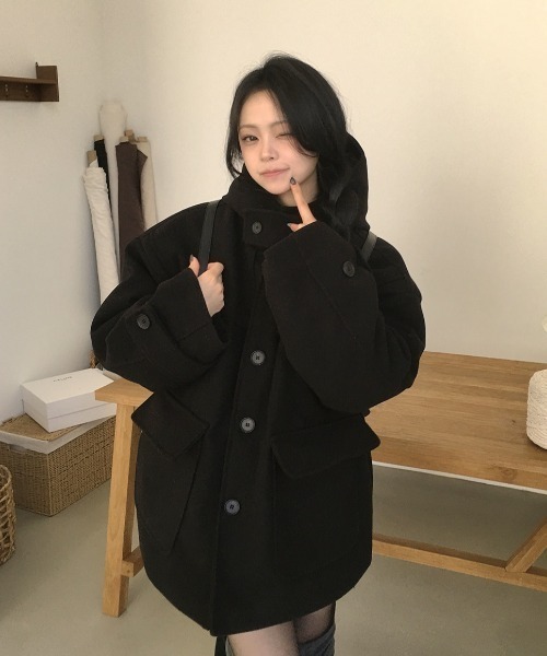 FAVORITO コート アウター フード付きシングルブレストメルトン