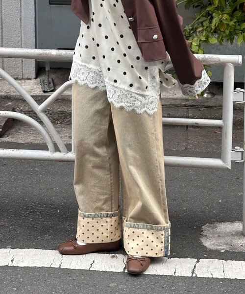 CIAOPANIC ロールアップドットワイドデニムパンツ　ブラウン CIAOPANIC（チャオパニック） ジーンズ デニム デニムパンツ ロール