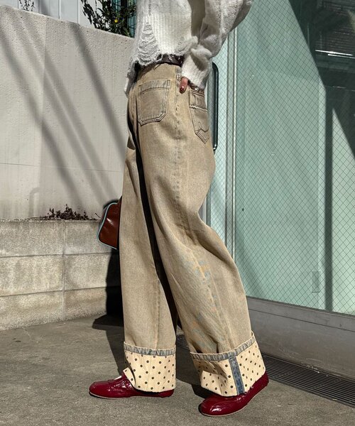 ワイドパンツ ジーンズ デニム デニムパンツ ロールアップドットワイドデニムパンツ レディースの画像